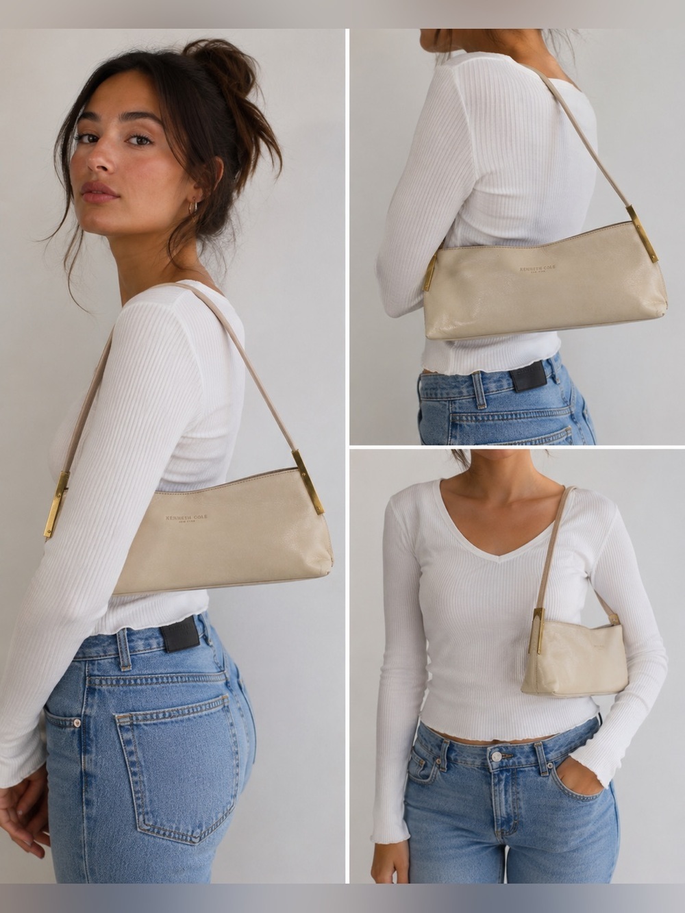 Kenneth Cole Vintage Beige Leather Baguette Small Shoulder Bag Gold Hardware Y2K
